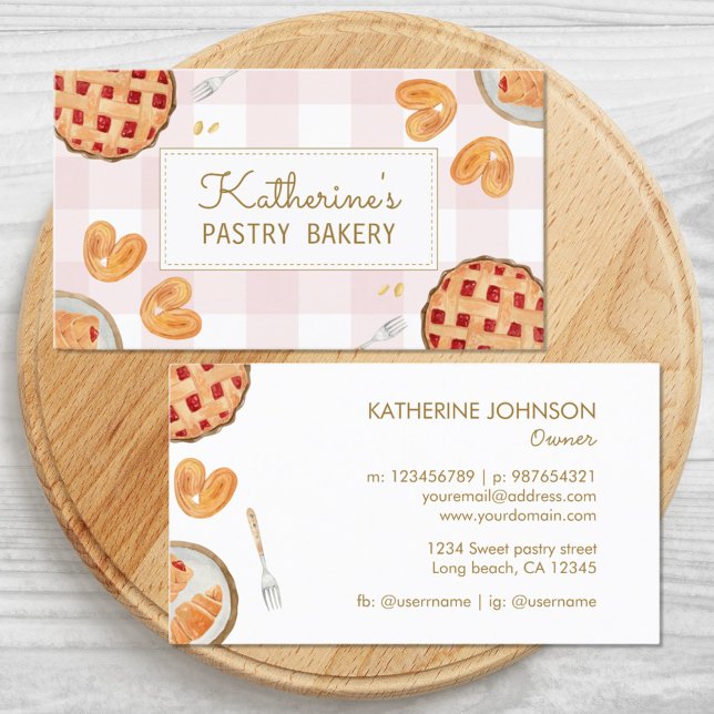 Gingham Pattern Watercolor Pastry Chef Bakery Business Card (Front and Back)