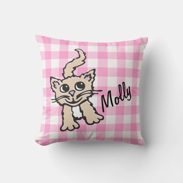 Gingham patterned cat pink & white throw pillow (Front)
