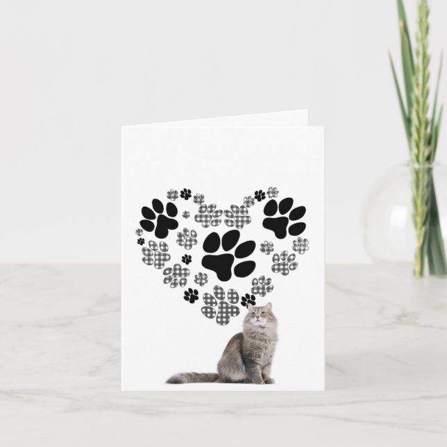 Gingham Pawprint Heart for Loss of Pet Cat Card (Front)