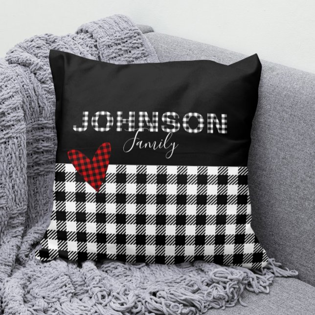 Gingham Personalized Black and White Buffalo Check Throw Pillow (Family Name Black and White Buffalo Check Pillow with Red Gingham Heart)