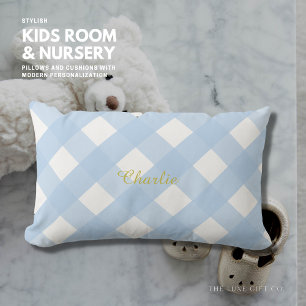 Gingham Personalized Blue Lumbar Pillow Cushion