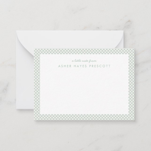 Gingham personalized children's green note card (Front)