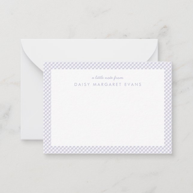 Gingham personalized children's purple note card (Front)