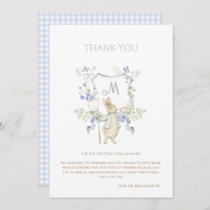 Gingham Peter the Rabbit Blue Monogram Baby Shower Thank You Card