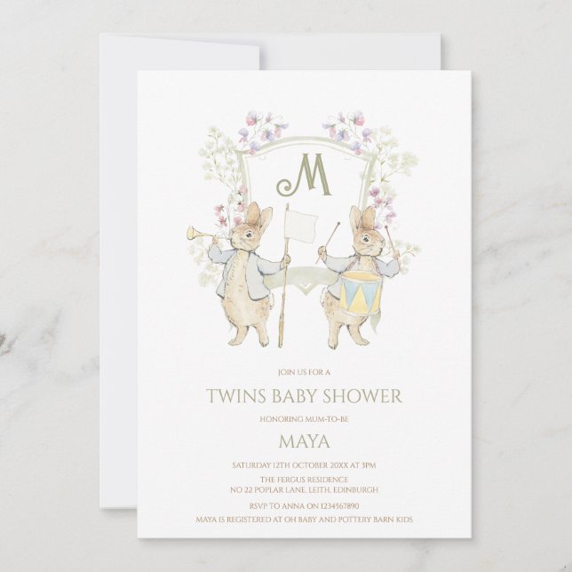 Gingham Peter the Rabbit Crest Twins Baby Shower Invitation (Front)