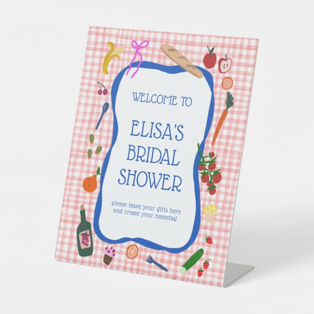 Gingham Picnic Modern CUSTOM Bridal Shower GIFT Pedestal Sign (Front)