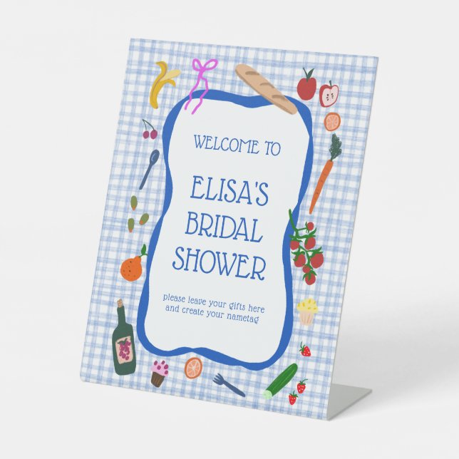 Gingham Picnic Modern CUSTOM Bridal Shower GIFT Pedestal Sign (Front)