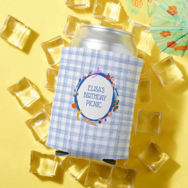 Gingham Picnic Modern Cute CUSTOM BIRTHDAY PARTY Can Cooler (In Situ Summer)