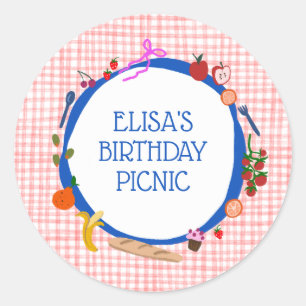 Gingham Picnic Modern Cute CUSTOM BIRTHDAY PARTY Classic Round Sticker
