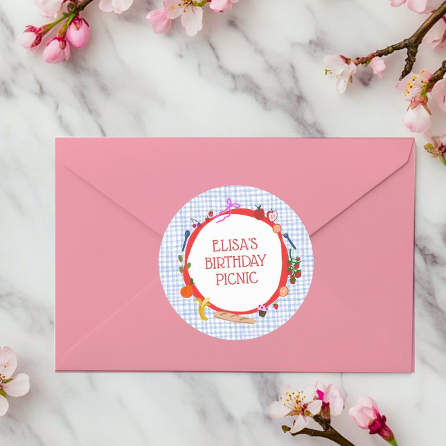 Gingham Picnic Modern Cute CUSTOM BIRTHDAY PARTY Classic Round Sticker (Gingham Picnic Modern Cute CUSTOM BIRTHDAY PARTY Classic Round Sticker
)
