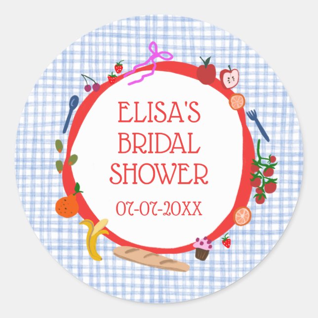 Gingham Picnic Modern Cute CUSTOM Bridal Shower Classic Round Sticker (Front)