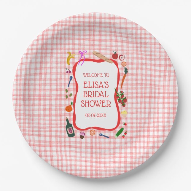 Gingham Picnic Modern Cute CUSTOM Bridal Shower Paper Plate (Front)