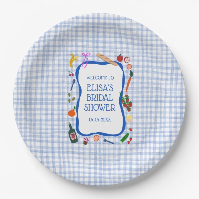 Gingham Picnic Modern Cute CUSTOM Bridal Shower Paper Plate (Front)