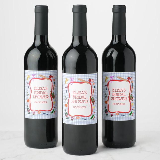 Gingham Picnic Modern Cute CUSTOM Bridal Shower Wine Label (Bottles)