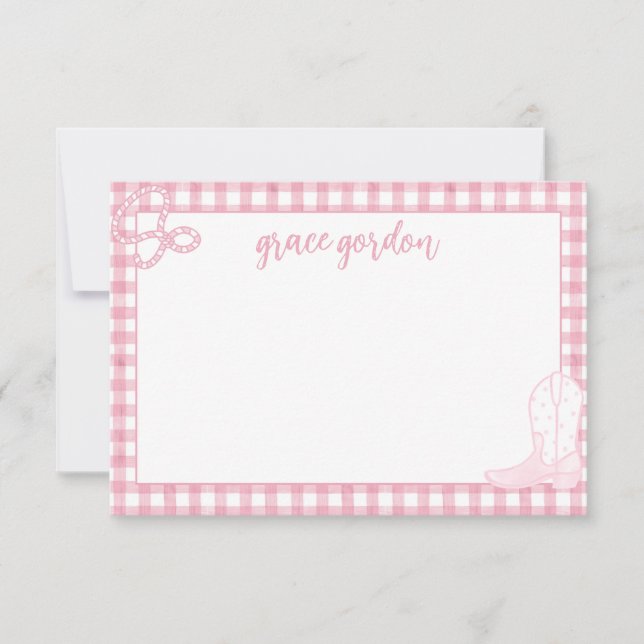 Gingham Pink Boot Girls Stationery Thank You Card (Front)