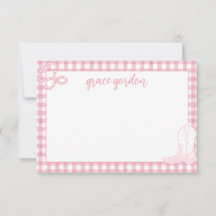 Gingham Pink Boot Girls Stationery Thank You Card