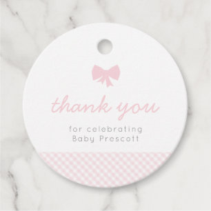 Gingham pink bow baby shower favour tags