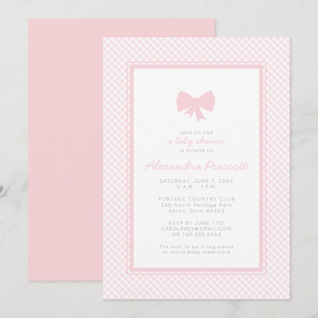 Gingham pink bow baby shower invitation (Front/Back)