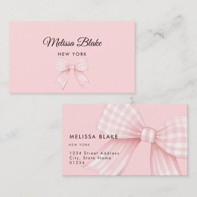 gingham pink bow design business card (Front/Back)