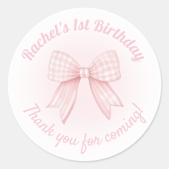 gingham pink bow thank you for coming classic round sticker (Front)