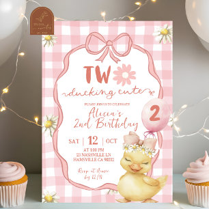 Gingham Pink Daisy Yellow Duck 2nd Birthday Invitation
