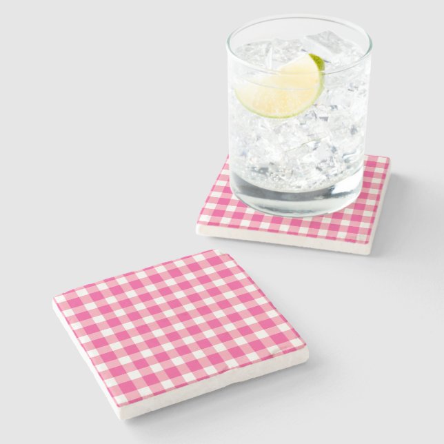 Gingham Pink Design Stone Coaster (Side)