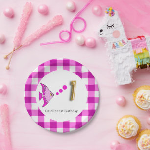 Gingham, Pink Fish & Balloon 1st Birthday Paper Plate