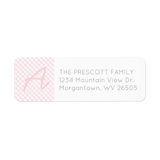 Gingham pink initial baby shower return address (Front)