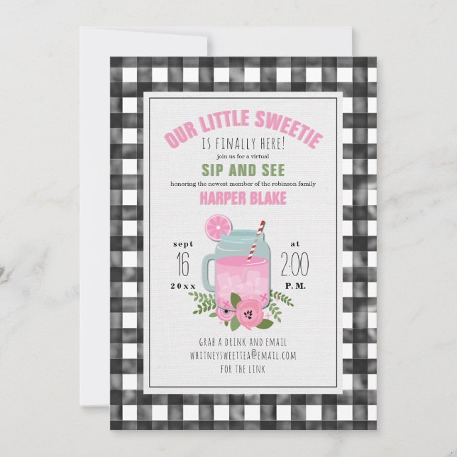 Gingham Pink Lemonade Baby Girl Virtual Sip & See Invitation (Front)