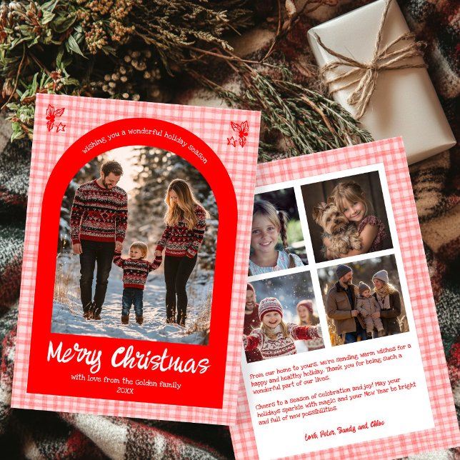 Gingham Pink Red Christmas Custom Arch 5 Photo  Holiday Card (Gingham Pink Red Christmas Custom Arch 5 Photo Collage Holiday Card
)
