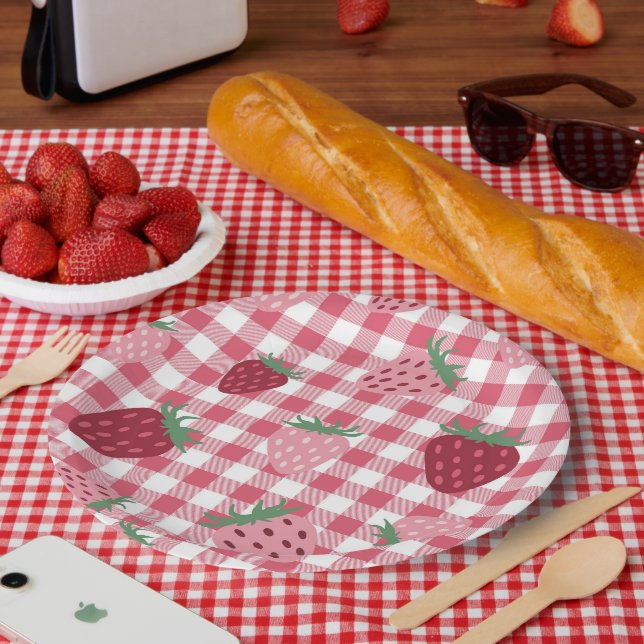 Gingham Pink & Red Strawberry Berry  Paper Plate (Picnic)