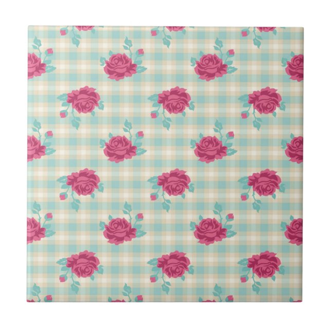 gingham plaid and hot pink chic roses pattern tile (Front)