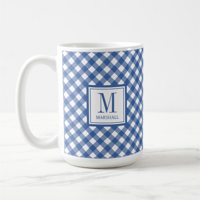 Gingham Plaid Blue Monogram Name Birthday Coffee Mug (Left)