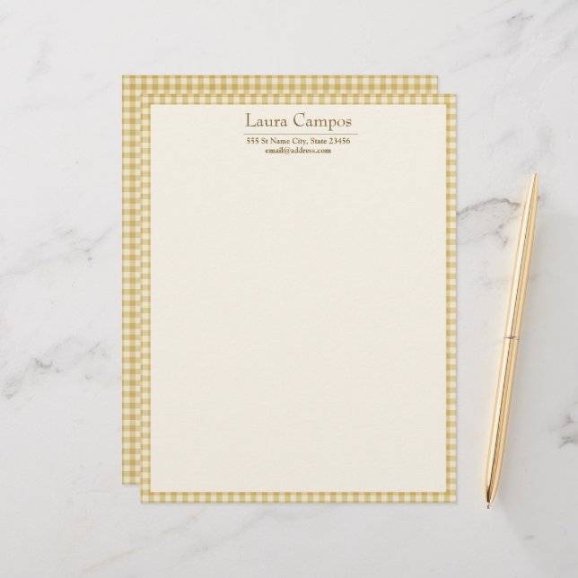 Gingham Plaid Elegant Farmhouse Yellow Personal Letterhead (Front/Back In Situ)