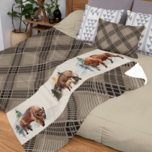 Gingham Plaid Watercolor Bison Buffalo Rustic Fleece Blanket