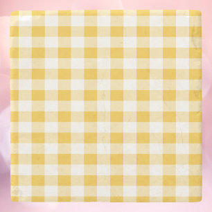 Gingham Plaid Yellow and White Pattern Stone Coaster
