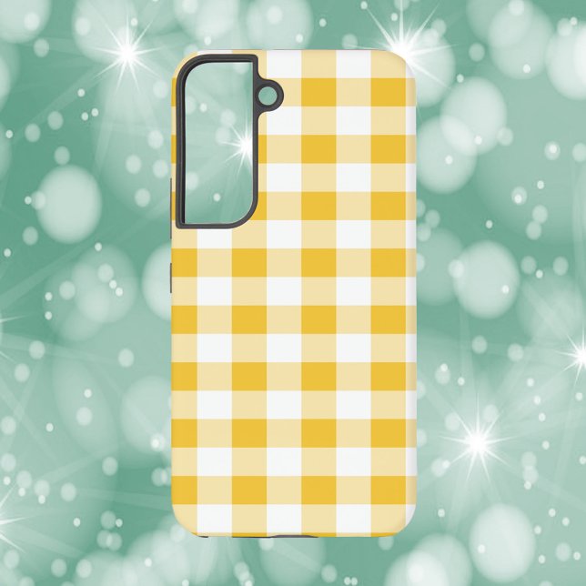Gingham Plaid Yellow Pattern Samsung Galaxy S22 Case (A phone case with a yellow and white gingham plaid pattern.)