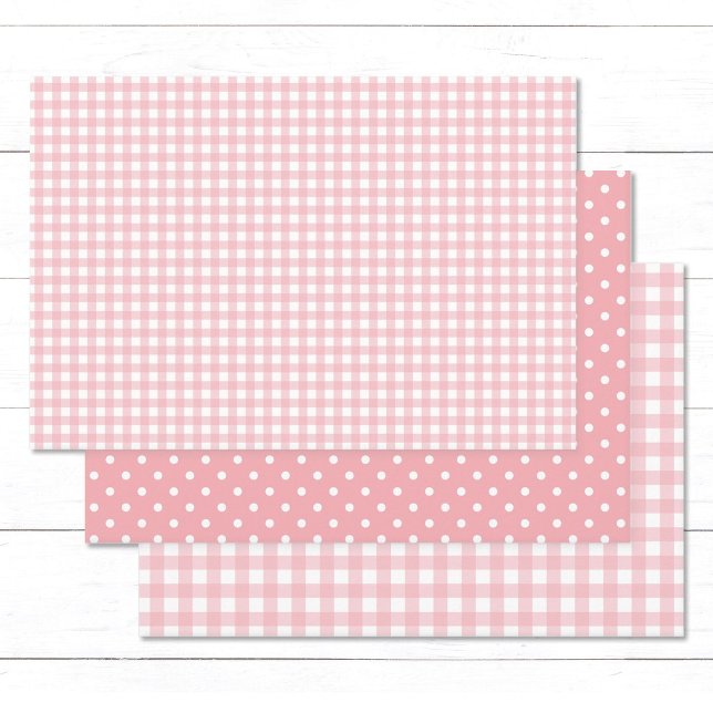 Gingham Polka Dot Pattern Peach Pink Mix and Match Wrapping Paper Sheet (Elegant peach pink gingham checks and white polka dots wrapping paper sheets.)