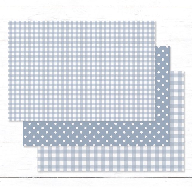 Gingham Polka Dots Dusty Blue Mix and Match  Wrapping Paper Sheet (Elegant dusty blue gingham checks and white polka dots wrapping paper sheets.)