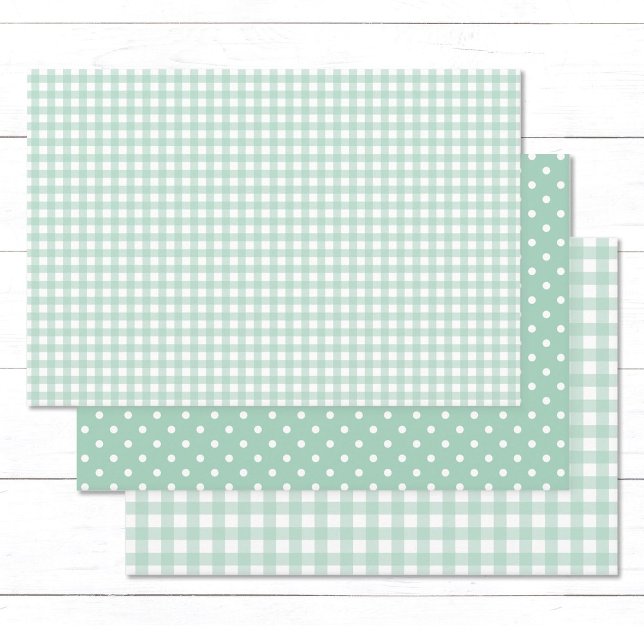 Gingham Polka Dots Pastel Mint Green Mix and Match Wrapping Paper Sheet (Elegant mint green gingham checks and white polka dots wrapping paper sheets.)