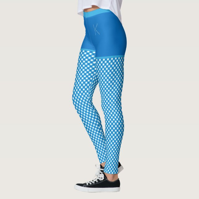 Gingham Print Blue White Monogram Personalized Leggings (Left)