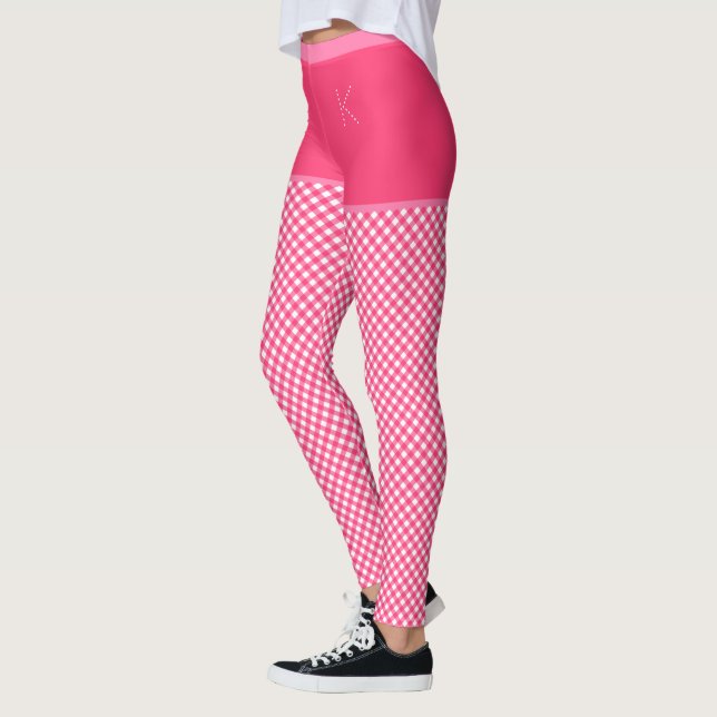 Gingham Print Pink White Monogram Personalized Leggings (Left)