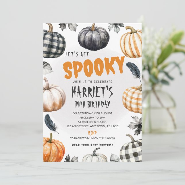 Gingham Pumpkins Halloween Birthday Party Invite (Standing Front)