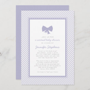 Gingham purple bow virtual baby shower invitation