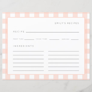 Gingham Recipes Blush Pink Check Cute Recipe Card