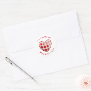 Gingham Red Heart 'Love is on the way' Classic Round Sticker