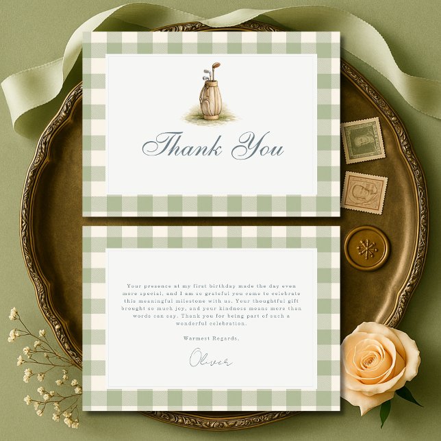 Gingham Sage Green Golf First Birthday Thank You Card (Creator Uploaded)