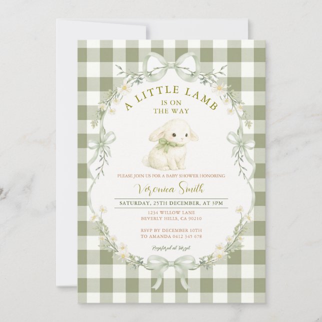 Gingham Sage Green Little Lamb Baby Shower Invitation (Front)