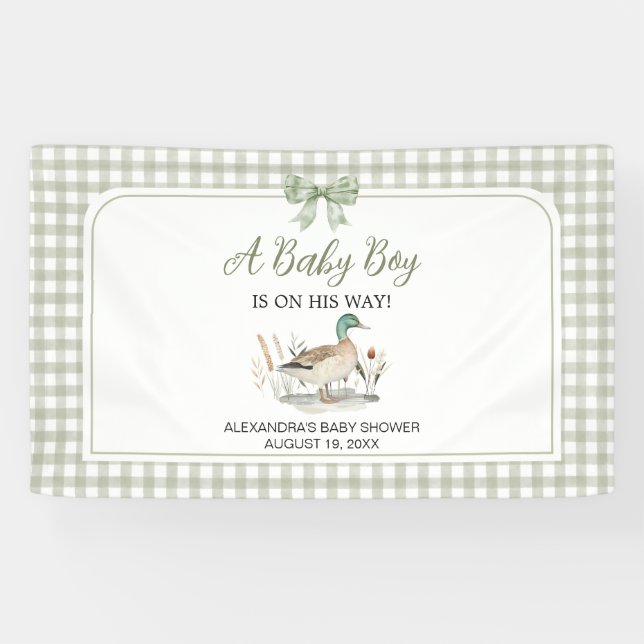 Gingham Sage Green Mallard Duck Baby Shower Banner (Horizontal)