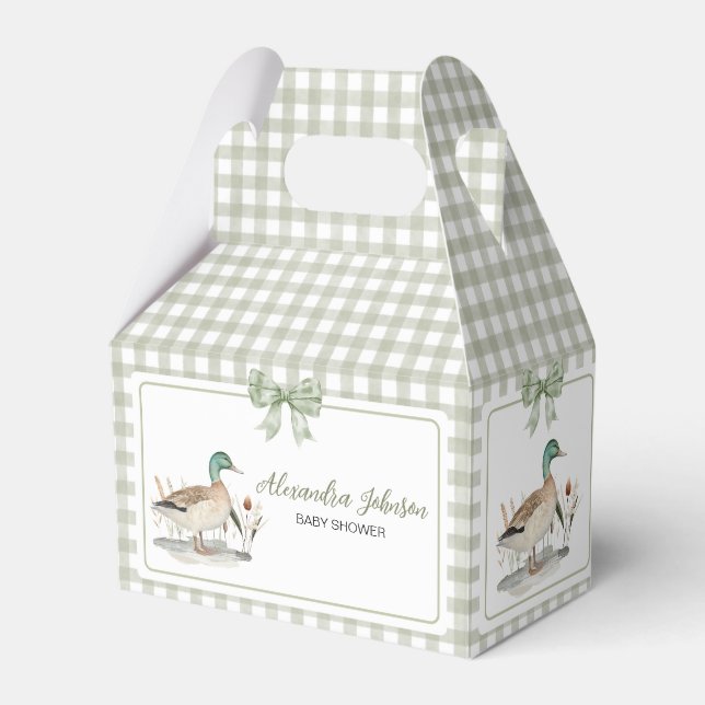Gingham Sage Green Mallard Duck Baby Shower Favor Box (Front Side)